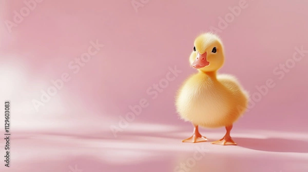 Obraz A fluffy yellow duckling with a curious expression, taking small steps, isolated on a soft pastel background, evoking a playful and endearing charm