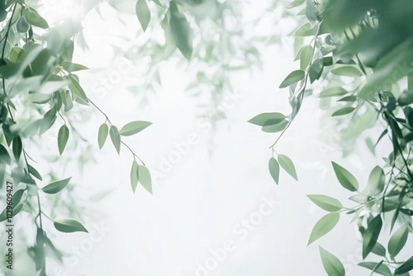 Fototapeta Green Leaves on Blurred White Background with Soft Natural Light
