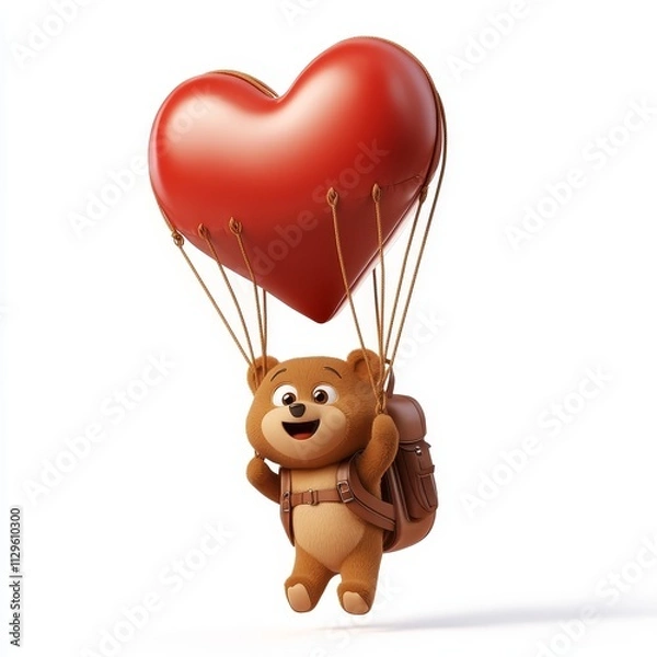Obraz Cute teddy bear in 3D art style, happily gliding with a red heart balloon, wearing a tiny backpack, with a white background.. Valentine's Day illustration on a white background.