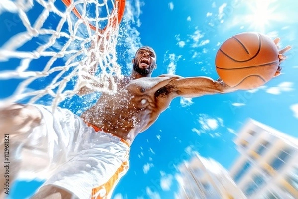 Fototapeta Basketball player dunking during a street basketball game