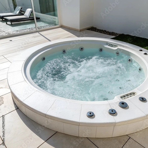 Fototapeta Luxurious round jacuzzi with intricate gold details and bubbling water . Ideal for spa, relaxation, and luxury home decor themes. 