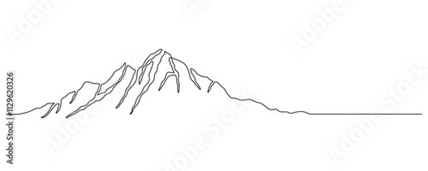 Fototapeta Mountain - continuous line drawing. One line mountain range landscape background. Rocky peaks in simple linear style. Black and white minimalist mountain illustration