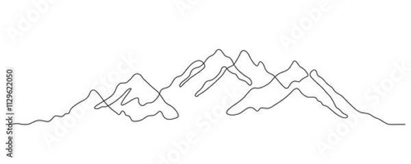 Fototapeta Mountain - continuous line drawing. One line mountain range landscape background. Rocky peaks in simple linear style. Black and white minimalist mountain panoramic view