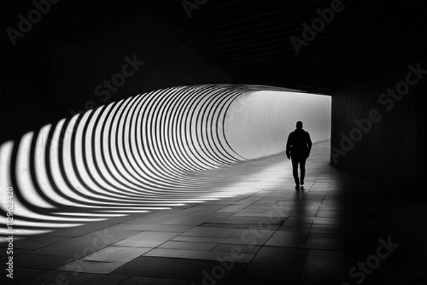 Obraz Solitary Figure in a Light Tunnel: A black and white photograph captures the silhouette of a lone individual walking towards a radiant light at the end of a curved, architectural tunnel.