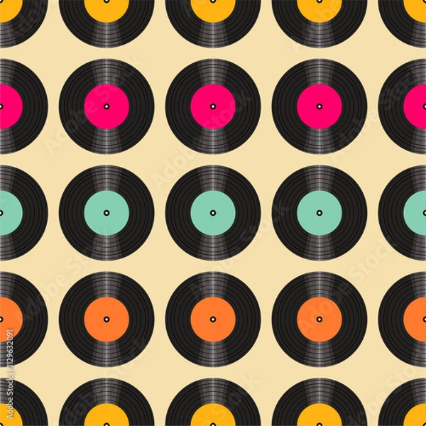 Fototapeta  Seamless pattern print background with vinyl record disks vector illustration music wallpaper decorative artistic texture