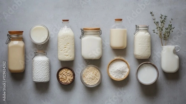Fototapeta Lactose-free dairy items displayed on a grey surface.

