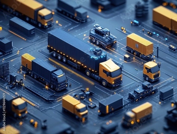 Fototapeta A futuristic depiction of logistics with autonomous trucks and advanced systems, showcasing a digitalized approach to freight management on a blue-toned layout.
