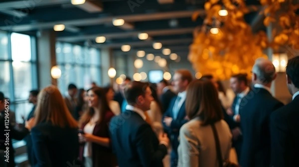 Fototapeta Blurred top-down view of a business networking event with professionals in formal attire engaged in conversation, symbolizing corporate communication, teamwork, and professional connections

