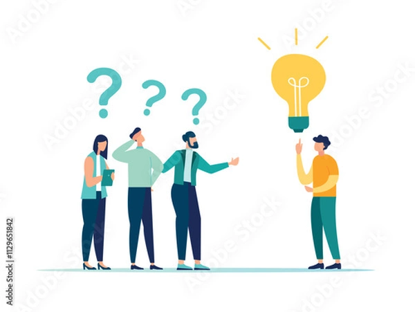 Fototapeta Answering a question, solving a problem with an idea, questions and answers or frequently asked questions, information support concept, vector illustration