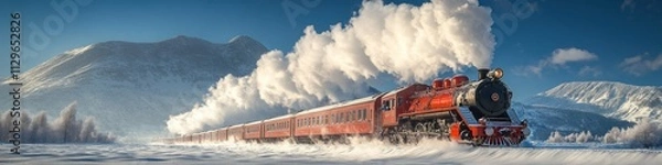 Obraz Classic Red Steam Locomotive, Detailed Train on Snowy Mountainscape for Promotional Travel Materials