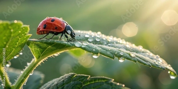 Fototapeta Macro Photograph of a Ladybug on Dew-Covered Leaf in Morning Sunlight with Bokeh Background