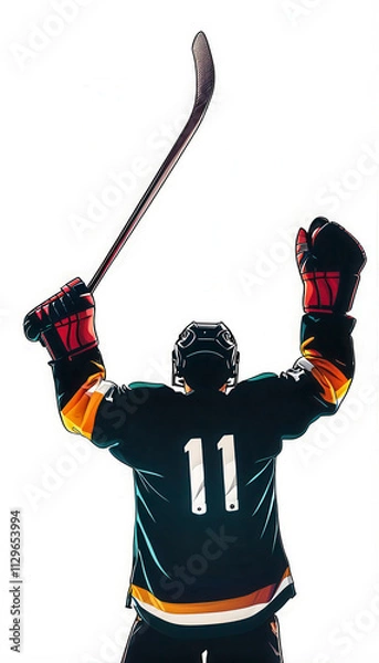 Fototapeta Hockey player celebrates victory with raised stick against a bright background