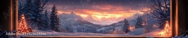 Obraz Winter Night banner, Large Arched Wooden Door with Symmetrical Windows, Snowy Landscape, Interior Lighting