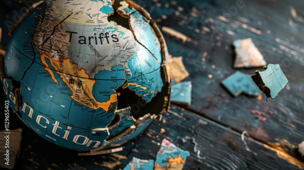Obraz cracked globe with pieces labeled Tariffs and Sanctions symbolizes global trade challenges. fragmented map highlights economic tensions and geopolitical issues