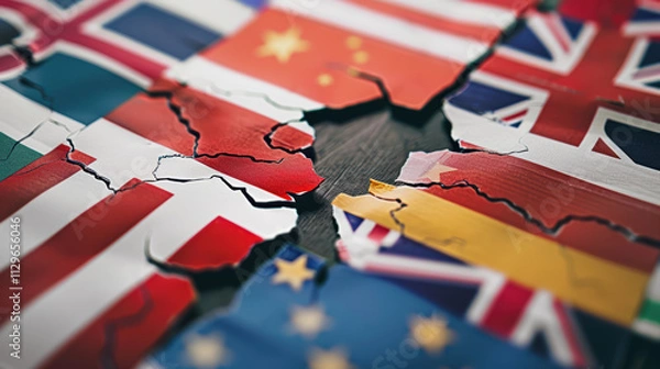 Obraz Torn flags representing international relations and trade agreements, symbolizing conflict and division among nations. image evokes sense of tension and uncertainty