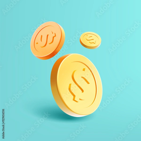 Obraz Realistic dollar coins, 3D. Coins on turquoise background for concepts of finance, business, investment, and savings. Vector illustration.