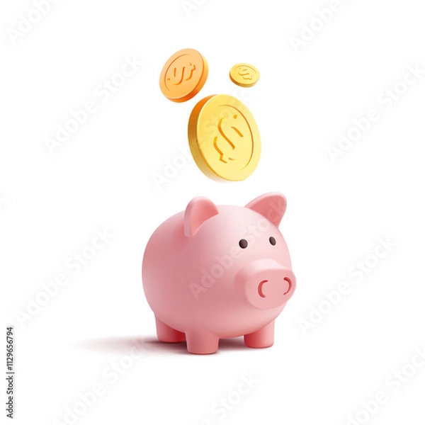 Obraz Realistic 3D piggy bank with falling gold coins, dollars. For concepts of savings, finance, dividends, accumulation. Vector illustration.