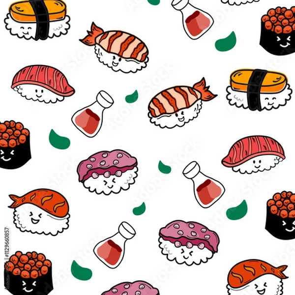 Fototapeta japanese food pattern background, sushi sashimi ramen cute icon seamless pattern. sushi seamless pattern background.
