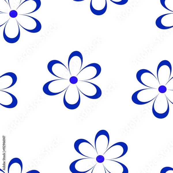 Fototapeta Seamless pattern. Vector illustration with flowers. Vintage floral print. Field of cute daisies. Textile design with blue chamomiles on white background. Spring or summer template. Surface texture. 