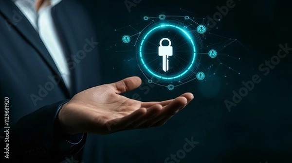 Fototapeta Businessman showcases digital security concept with glowing key icon and network connections floating above open palm