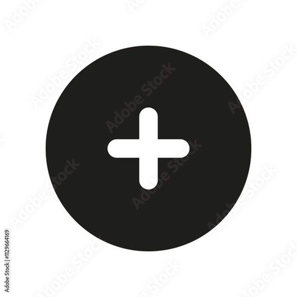 Fototapeta A simple graphic depicting a white circle containing a dark grey plus sign in its center.