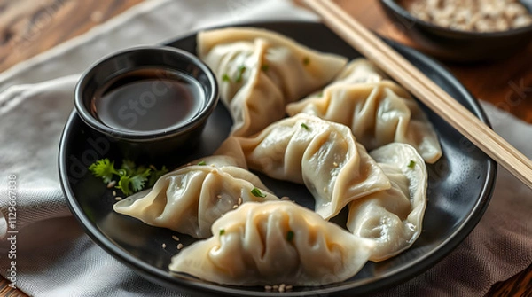 Fototapeta close up of a plate of gyoza or dumplings with soy sauce on a black plate