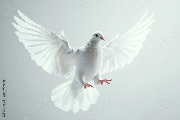 Fototapeta Dove flying with open wings on white background.