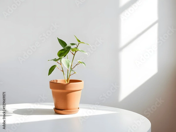Fototapeta life of a potted plant in a clay pot on a white table under soft natural light