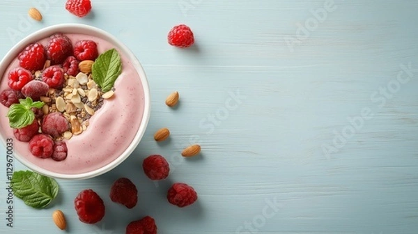 Obraz Raspberry smoothie bowl with granola and almonds.