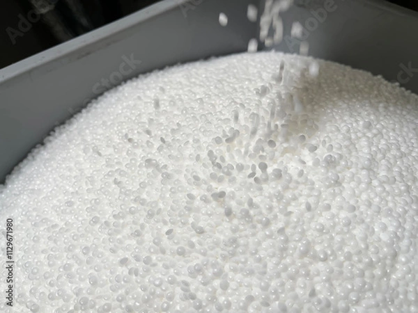 Obraz  filling a deposit with white plastic pellets, production of plastic parts, plastic injection, spilling of plastic pelets, granules of raw material, horizontal