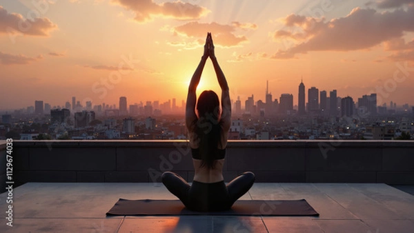 Fototapeta A yoga session on an urban rooftop at sunset, balancing inner peace and city life. The contrast of nature-inspired poses with the modern skyline symbolizes harmony.