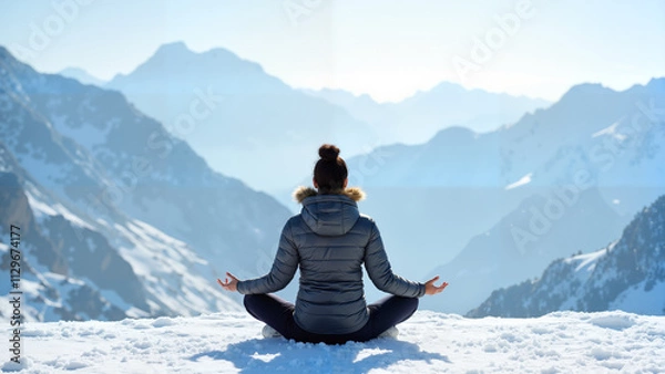 Fototapeta A peaceful winter yoga retreat in the snow-capped mountains, blending resilience, strength, and tranquility in a serene alpine setting.