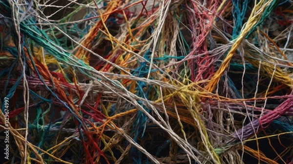 Obraz Colorful threads create tangled web, showcasing vibrant hues and intricate patterns. This abstract composition evokes creativity and complexity in design