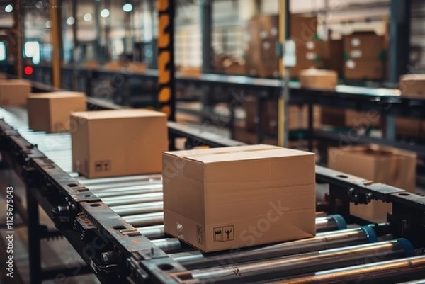 Fototapeta Cardboard boxes on conveyor ready for courier distribution