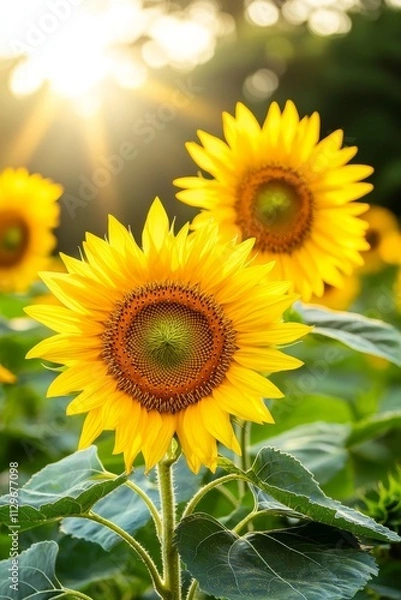 Fototapeta Vibrant sunflowers basking in the warm sunlight, showcasing their bright yellow petals and intricate centers.