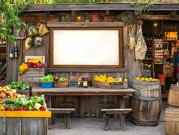 Fototapeta Billboard mockup - A rustic market stand displaying fresh produce and wooden barrels in a cozy setting.