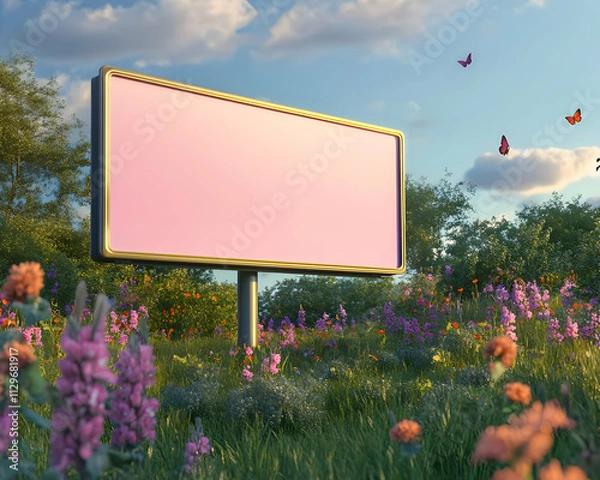 Fototapeta Billboard mockup - A blank billboard in a vibrant flower-filled landscape with butterflies and a serene sky.