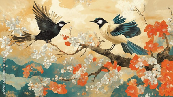 Fototapeta 煌びやかな和柄と鳥のアート｜背景,日本,アジア,伝統美,豪華な壁紙