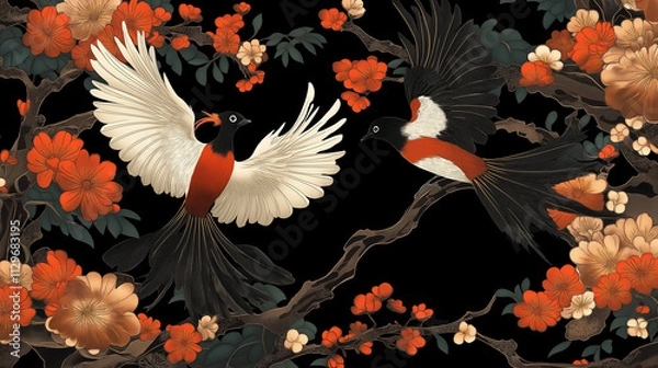 Fototapeta 煌びやかな和柄と鳥のアート｜背景,日本,アジア,伝統美,豪華な壁紙