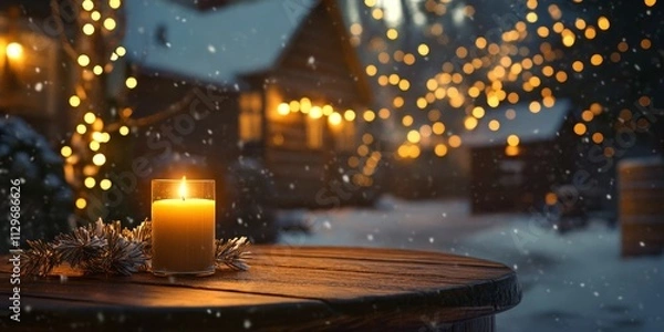 Fototapeta A glowing candle with frosted pine decoration on a wooden table, snowy cabins, and festive lights in a winter wonderland