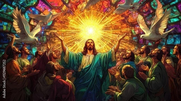 Fototapeta A detailed illustration of Jesus surrounded by disciples in a stunning stained glass design, with vibrant colors and intricate patterns, doves soaring towards a radiant sunbeam