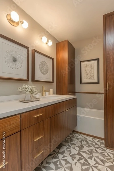 Fototapeta Modern Bathroom Vanity With Geometric Tile Floor