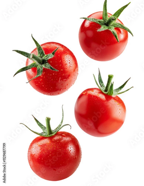 Fototapeta Four fresh red cherry tomatoes falling with water droplets on transparent background