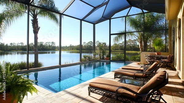 Obraz Elegant Florida mansion lanai patio boasts stunning waterfront views, expansive screened-in pool area, and sleek exterior design