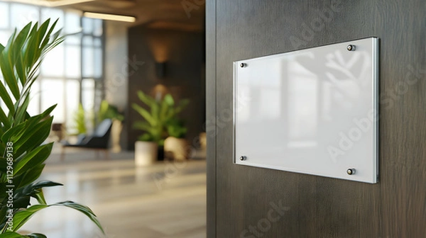 Obraz Empty glass nameplate design mockup in 3D rendering on modern office wall near entrance, perfect for branding and signage