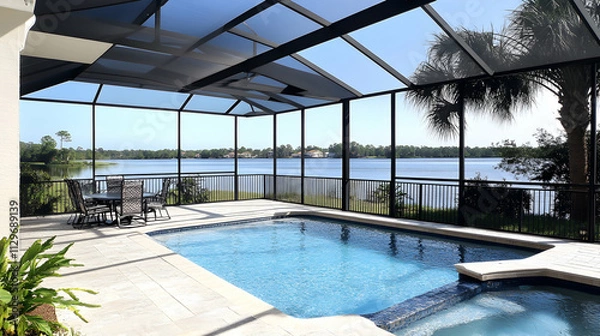 Obraz Elegant Florida mansion lanai patio boasts stunning waterfront views, expansive screened-in pool area, and sleek exterior design