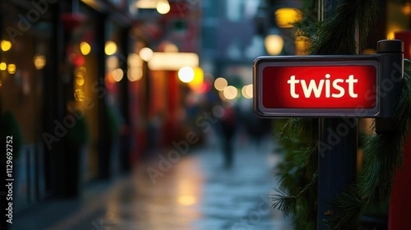 Fototapeta A captivating street scene featuring a brightly lit "twist" sign, surrounded by blurred lights and architectural elements, creating a lively urban atmosphere.