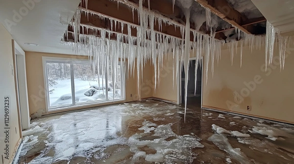 Obraz Icicles hanging from roof edge, water pooling on floor, and ceiling damage visible after winter storm caused ice dam to form