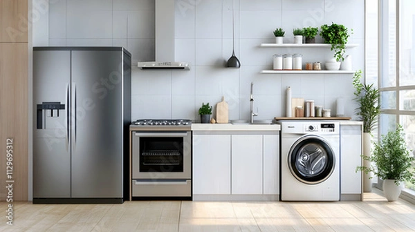 Obraz Modern kitchen featured with sleek refrigerator, stove, and dishwasher, alongside a washer and dryer, showcasing a fully equipped home