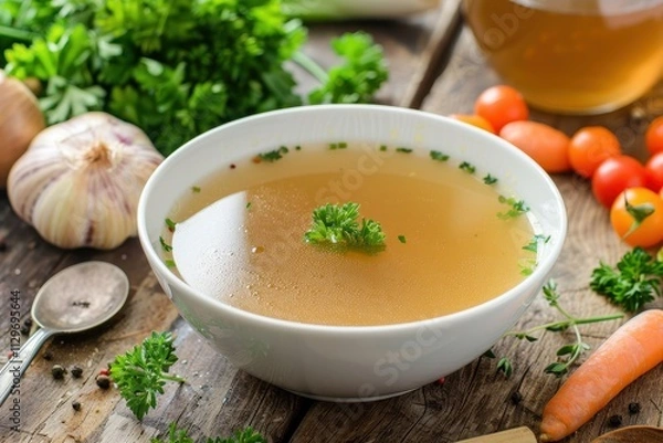 Fototapeta Clear broth with vegetables in white bowl on wooden table from above